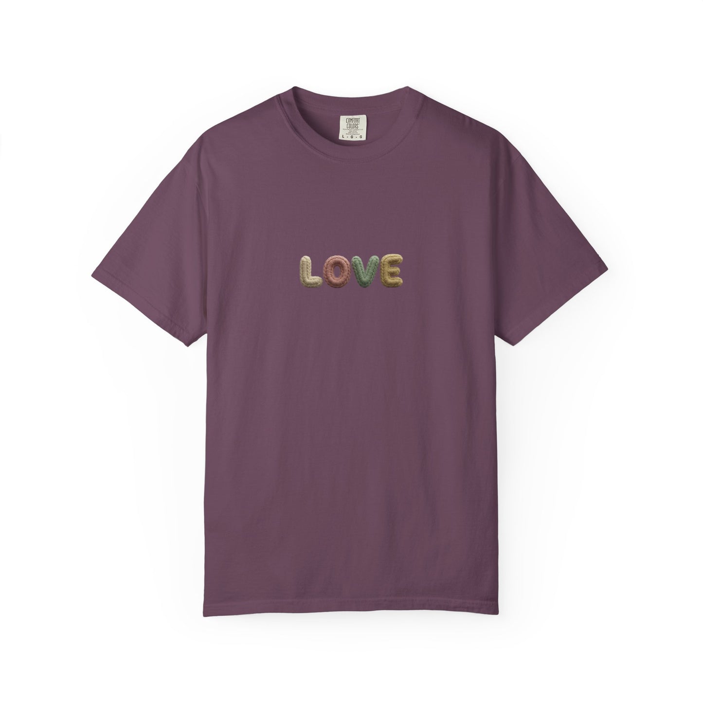 LOVE Retro Crochet Graphic T-Shirt — Vintage Earth-Tone Casual Tee