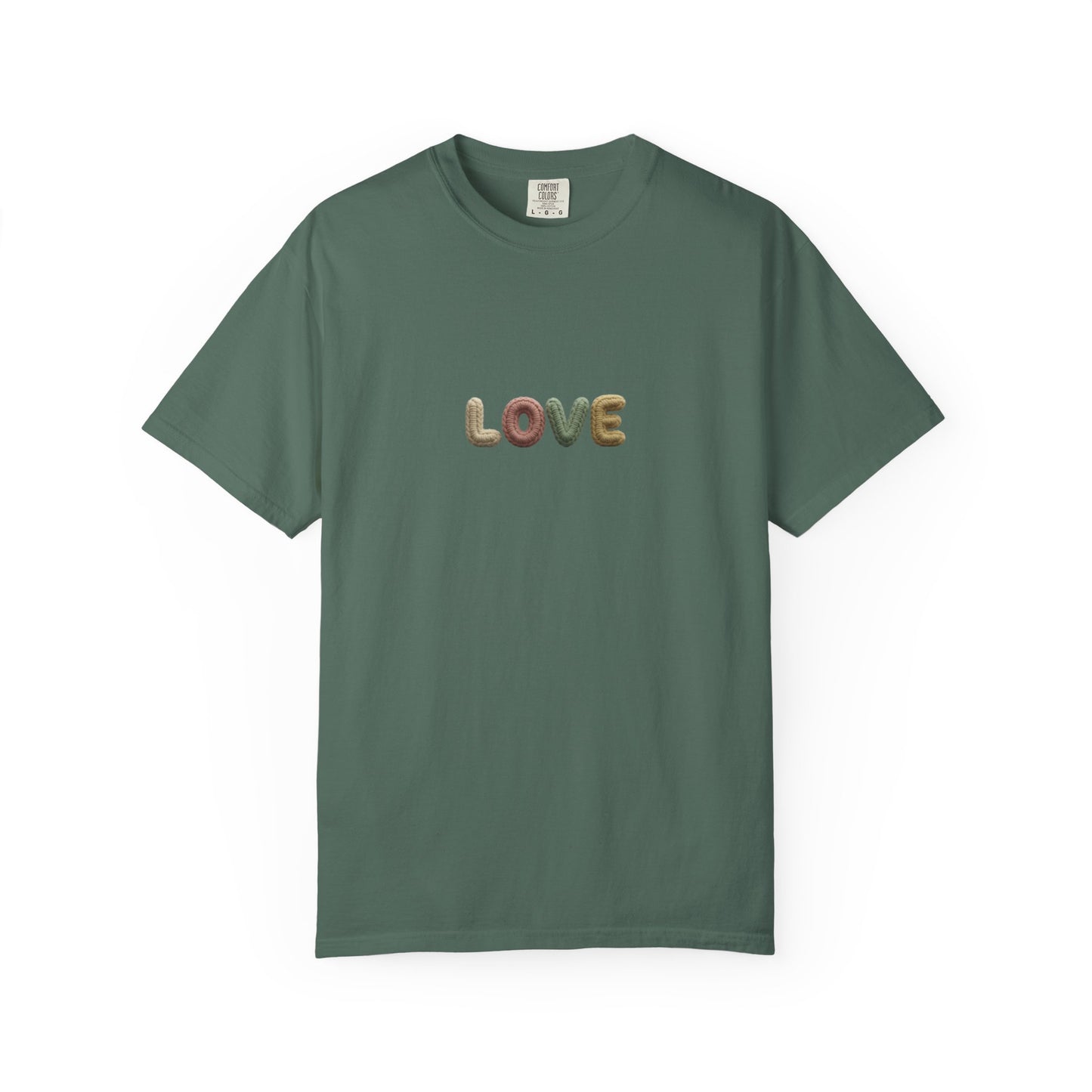 LOVE Retro Crochet Graphic T-Shirt — Vintage Earth-Tone Casual Tee