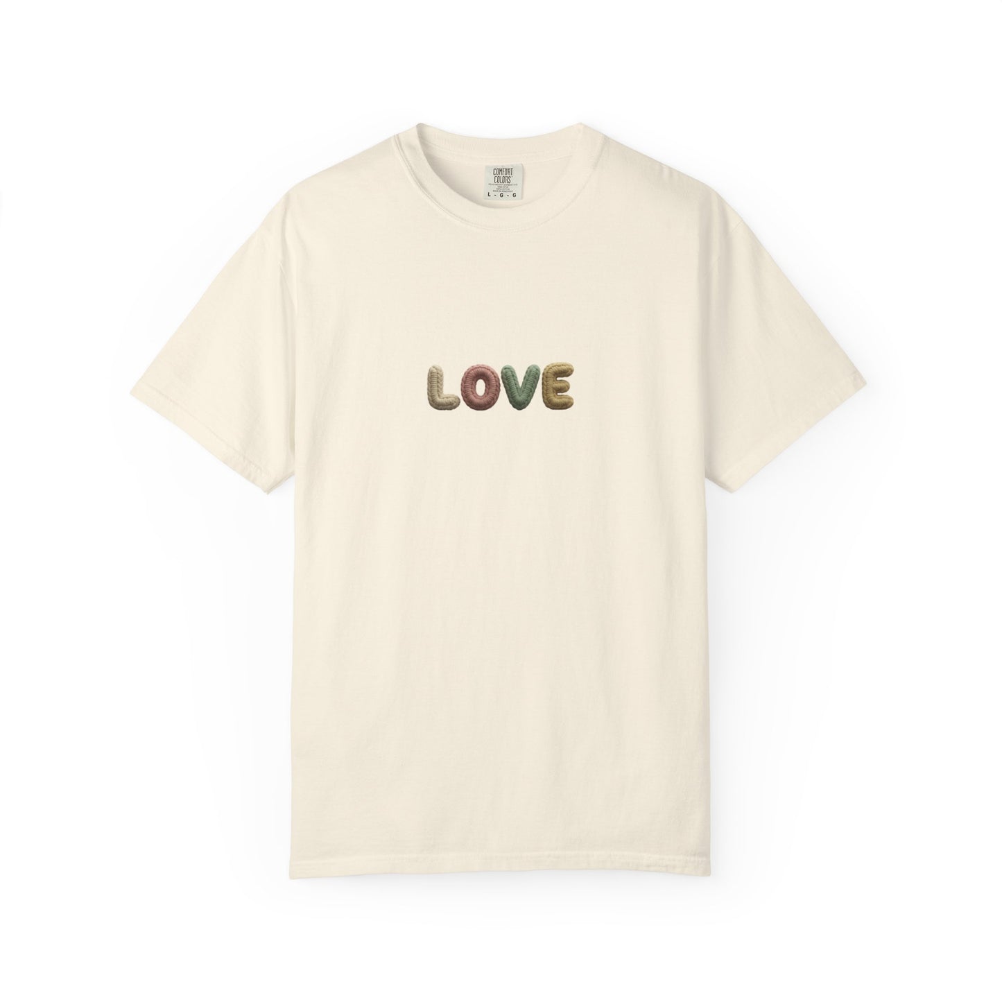 LOVE Retro Crochet Graphic T-Shirt — Vintage Earth-Tone Casual Tee