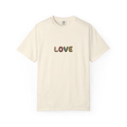 LOVE Retro Crochet Graphic T-Shirt — Vintage Earth-Tone Casual Tee