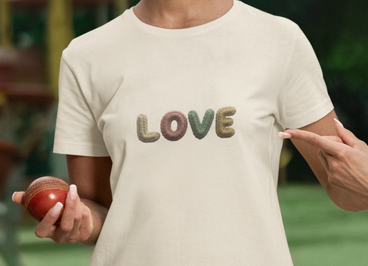 LOVE Retro Crochet Graphic T-Shirt — Vintage Earth-Tone Casual Tee