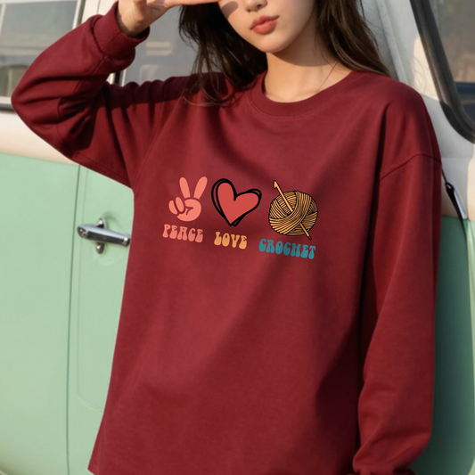 Peace Love Crochet long sleeve tee | Knitting yarn peace sign