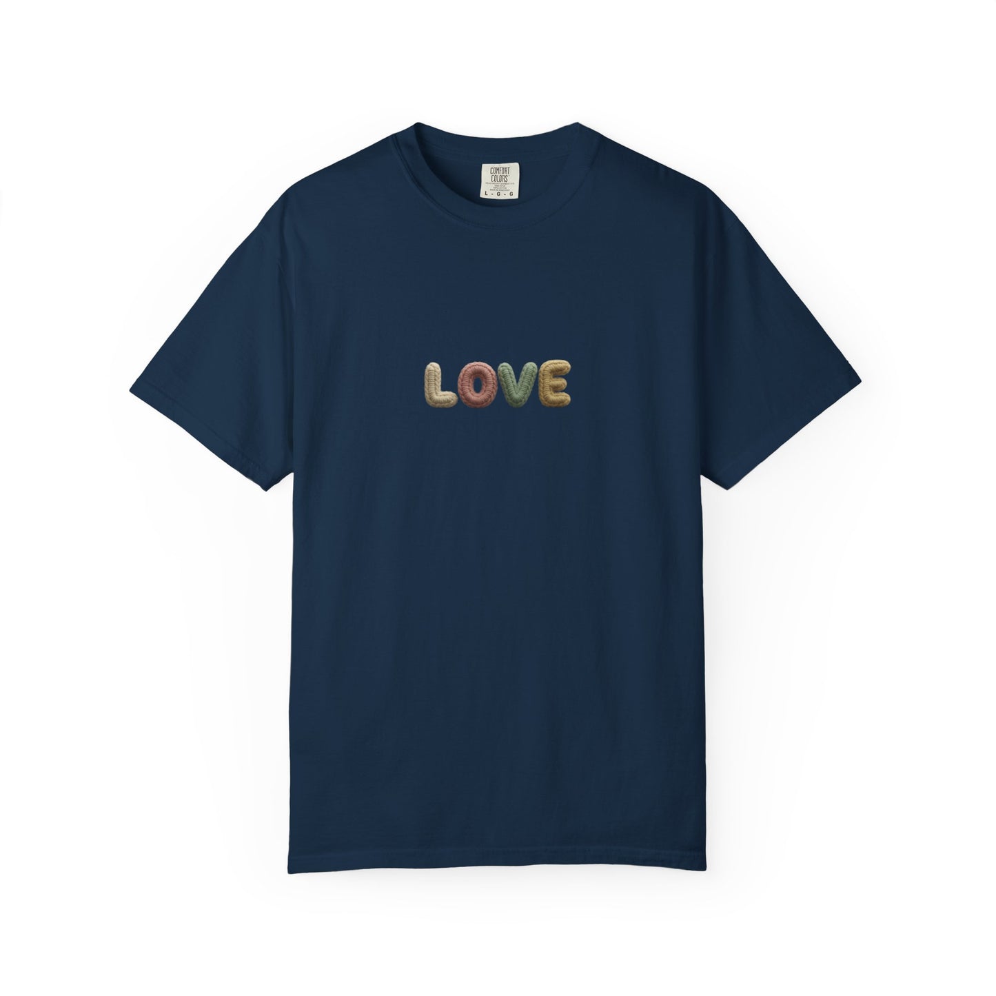 LOVE Retro Crochet Graphic T-Shirt — Vintage Earth-Tone Casual Tee