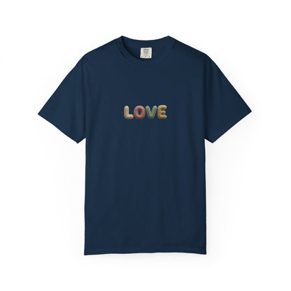LOVE Retro Crochet Graphic T-Shirt — Vintage Earth-Tone Casual Tee