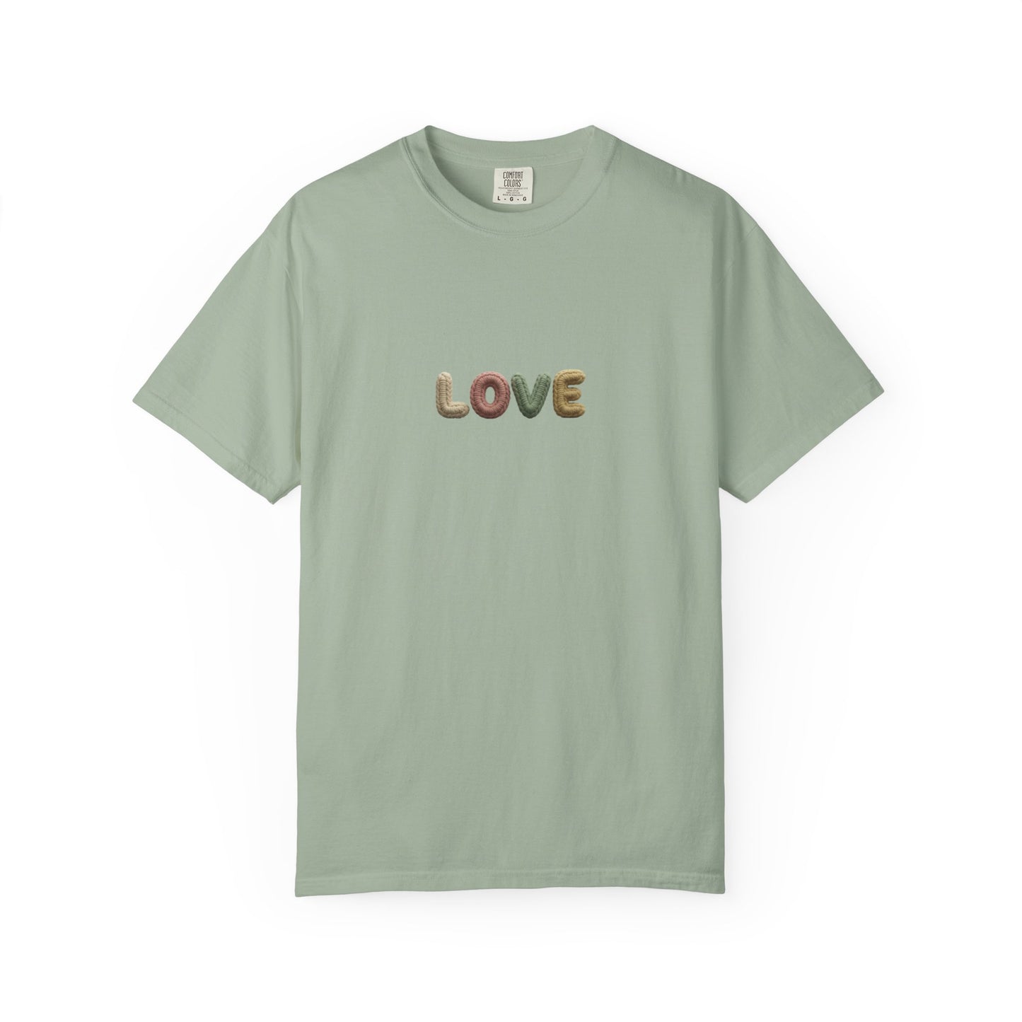 LOVE Retro Crochet Graphic T-Shirt — Vintage Earth-Tone Casual Tee