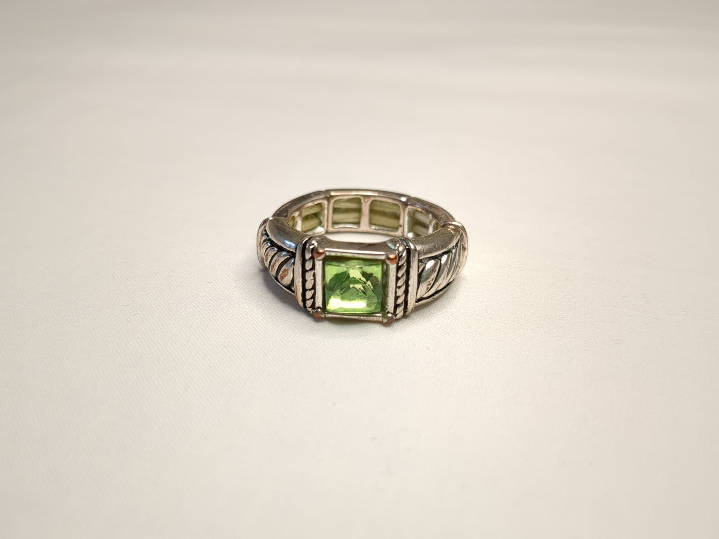 Silver-Tone and Green Crystal Stretch Ring