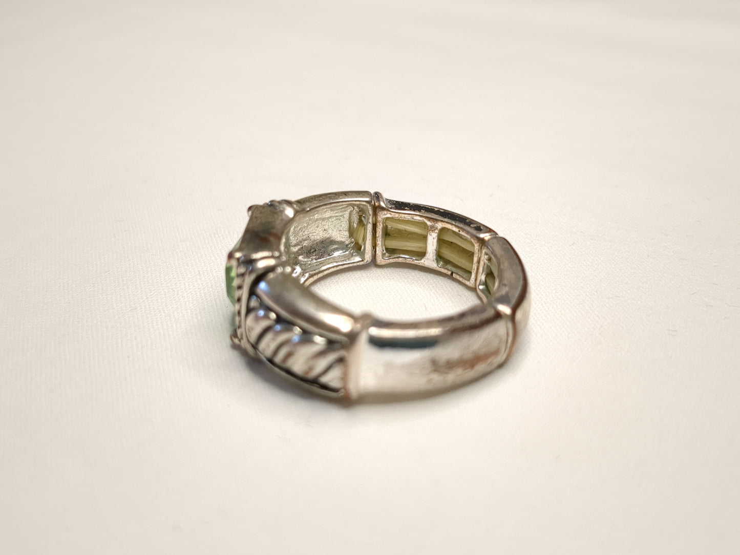 Silver-Tone and Green Crystal Stretch Ring