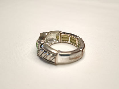 Silver-Tone and Green Crystal Stretch Ring