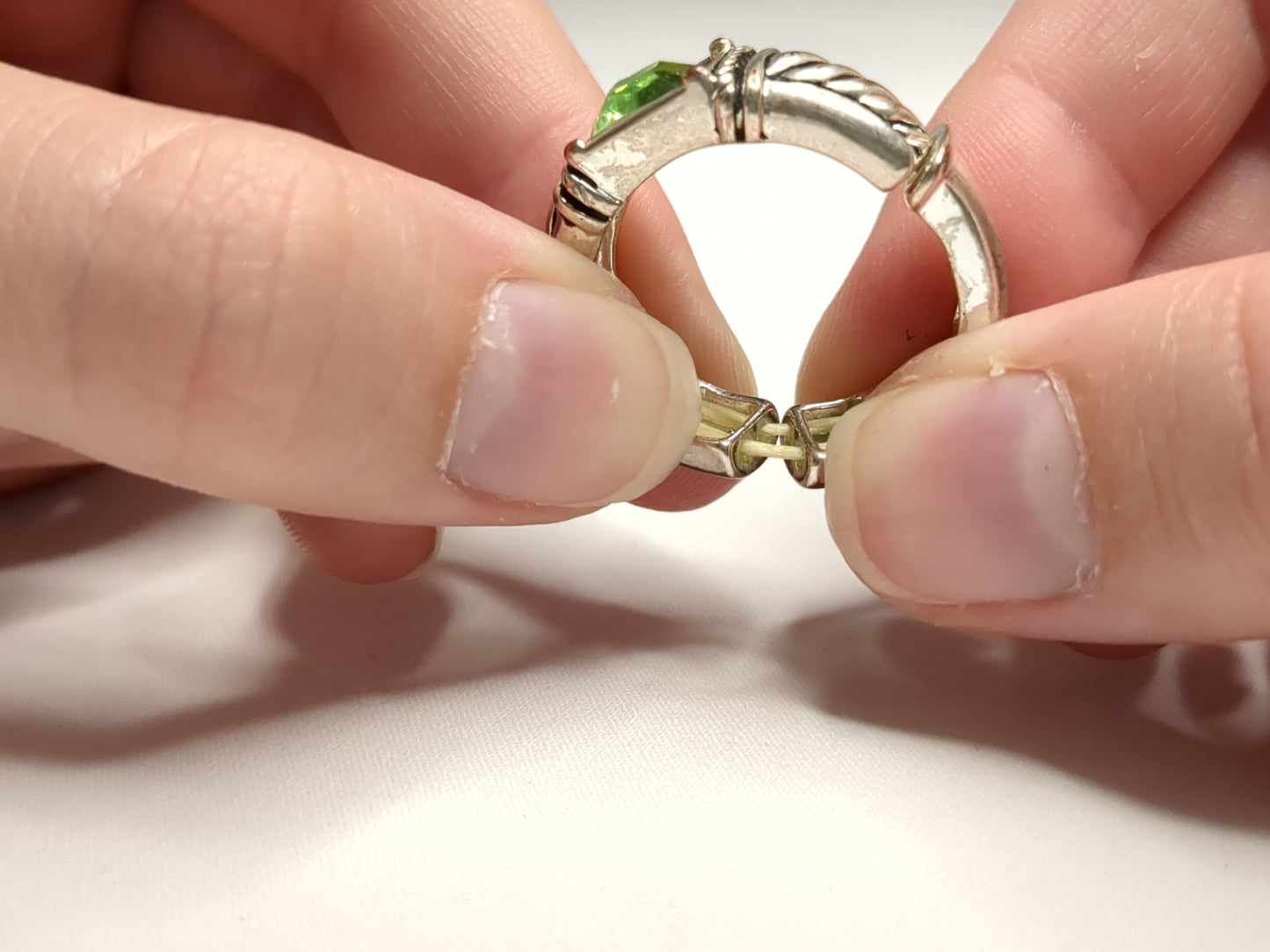 Silver-Tone and Green Crystal Stretch Ring