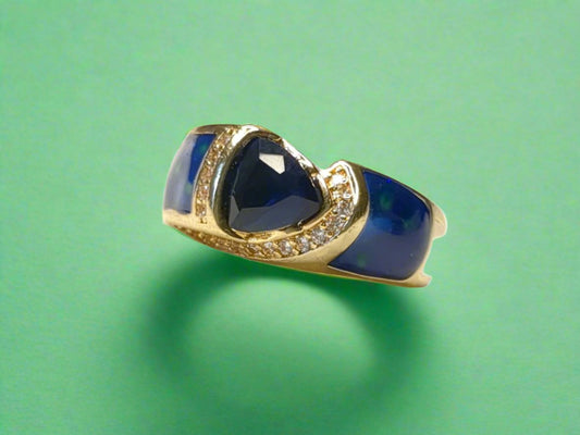 Gold-Tone Ring with Blue and Clear Rhinestones