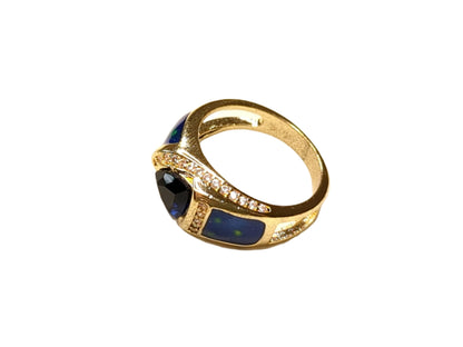 Gold-Tone Ring with Blue and Clear Rhinestones