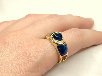 Gold-Tone Ring with Blue and Clear Rhinestones