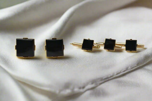 Black and Gold-Tone Cufflinks and Tuxedo Stud Set