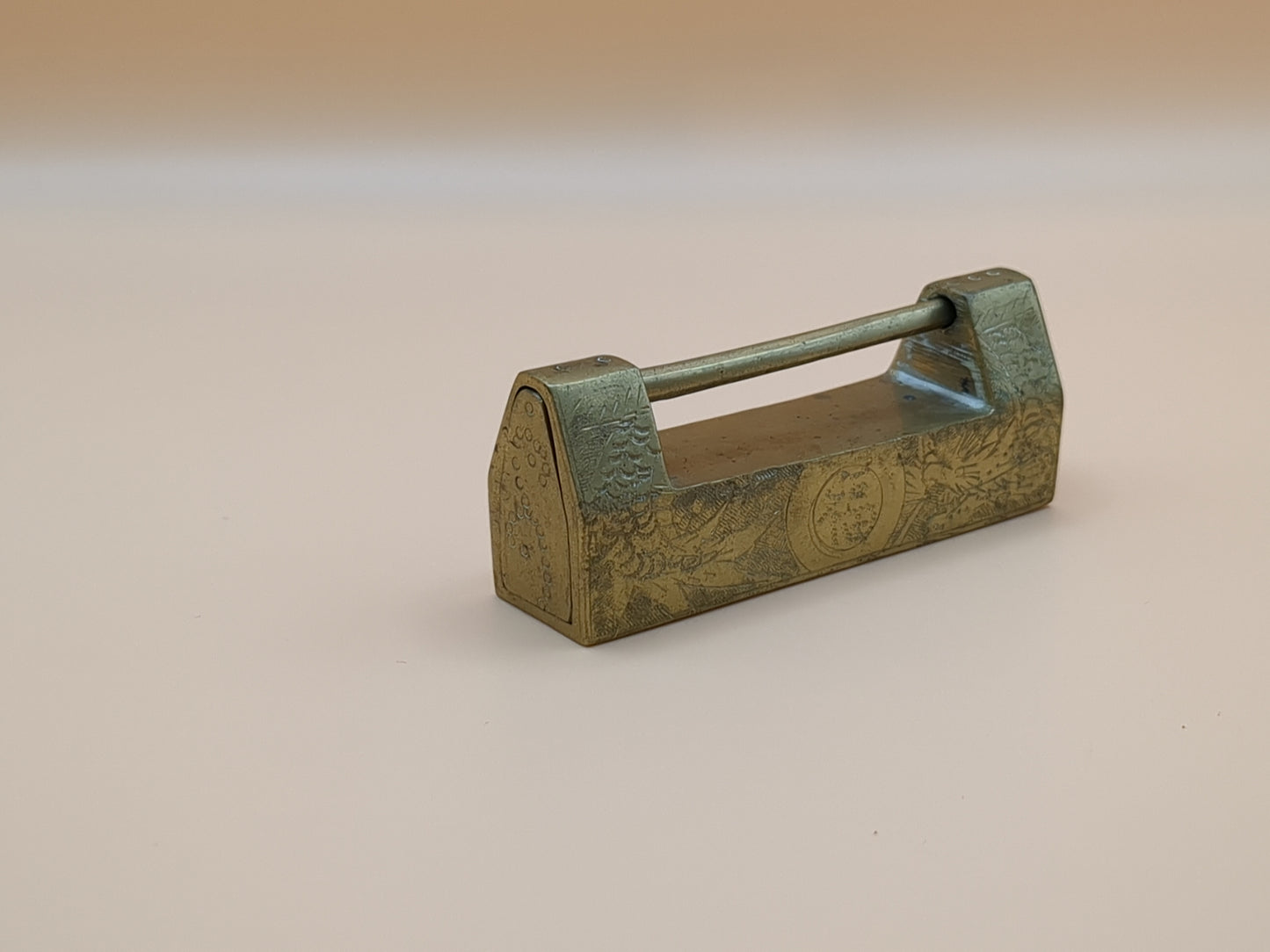 Vintage Asian Brass Padlock Set With Key - Engraved Brass - Lock - Paperweight