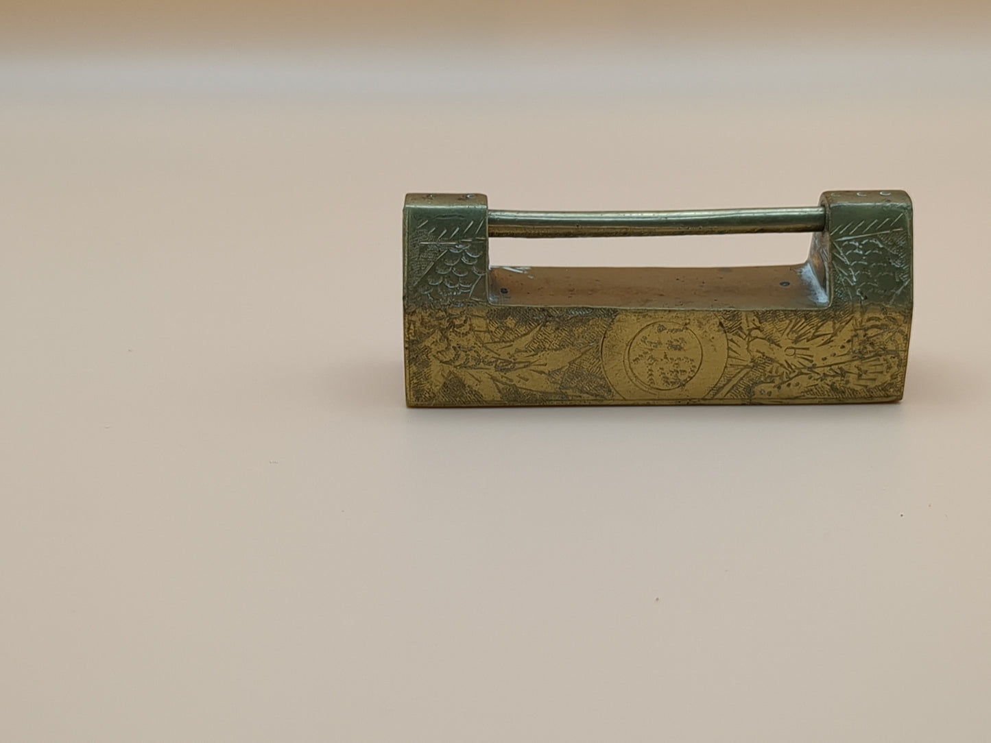 Vintage Asian Brass Padlock Set With Key - Engraved Brass - Lock - Paperweight