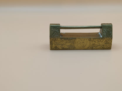 Vintage Asian Brass Padlock Set With Key - Engraved Brass - Lock - Paperweight