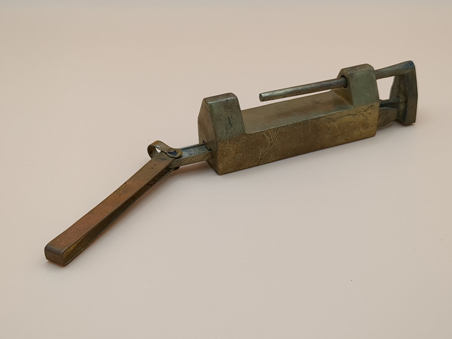 Vintage Asian Brass Padlock Set With Key - Engraved Brass - Lock - Paperweight