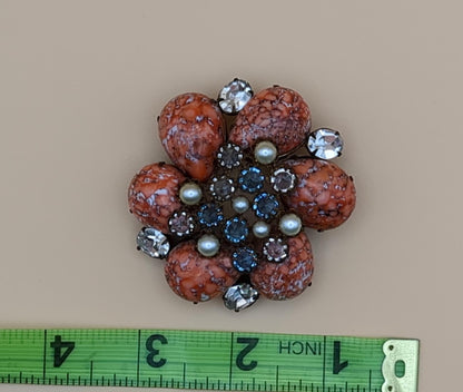 SCHREINER of New York Vintage Flower and Rhinestone Brooch