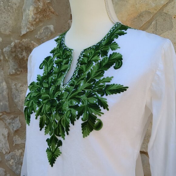White With Green Embroidery Linen Top