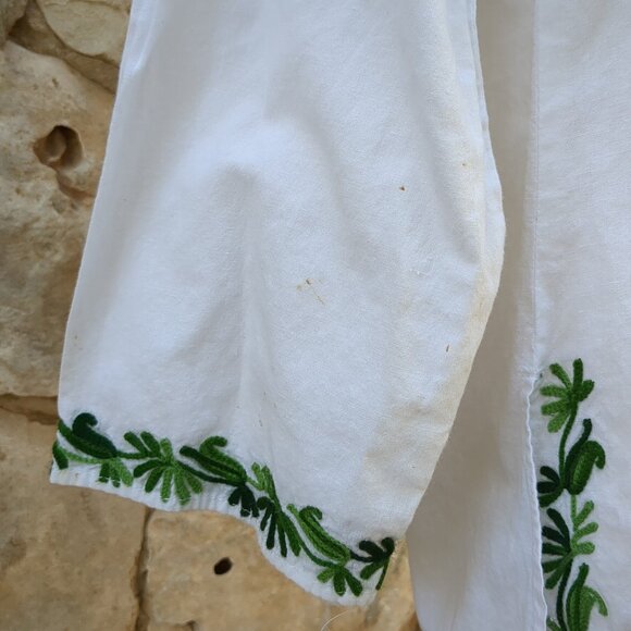 White With Green Embroidery Linen Top