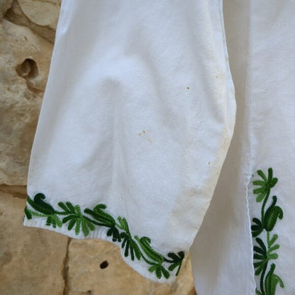White With Green Embroidery Linen Top