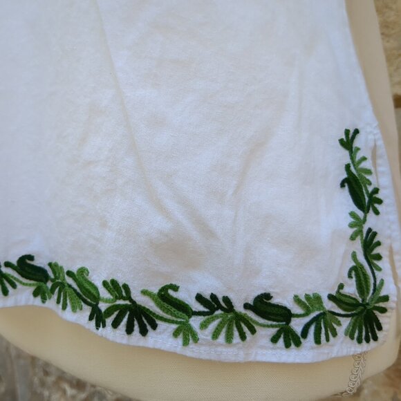White With Green Embroidery Linen Top