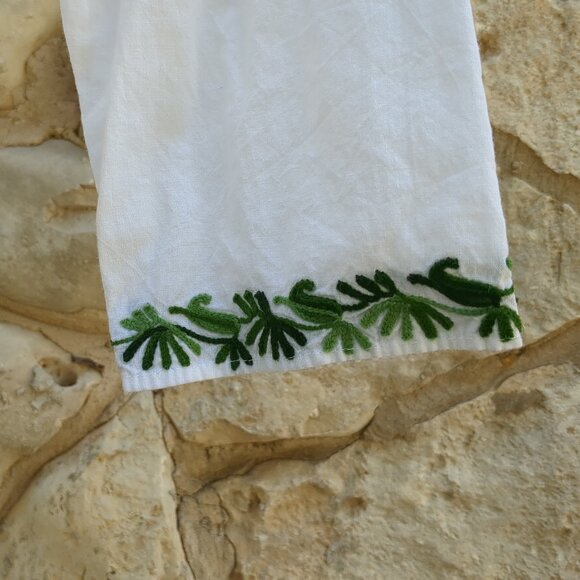 White With Green Embroidery Linen Top