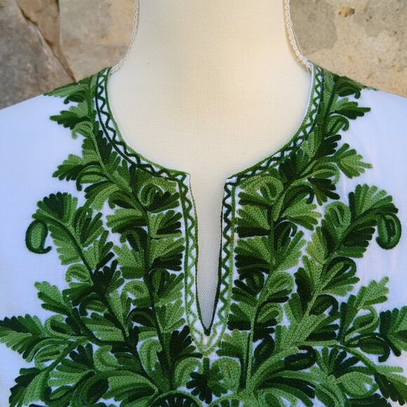 White With Green Embroidery Linen Top