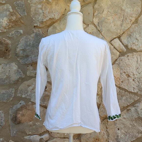White With Green Embroidery Linen Top
