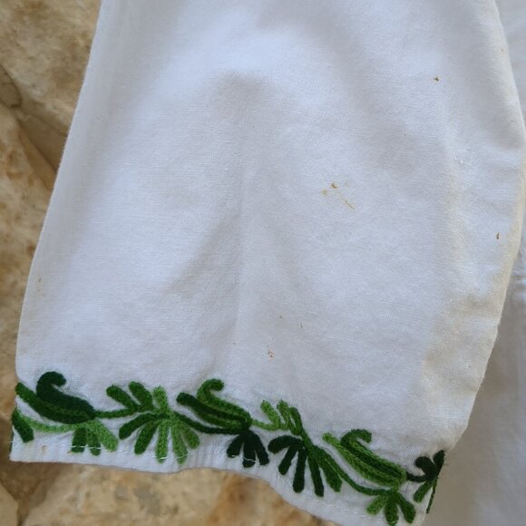 White With Green Embroidery Linen Top
