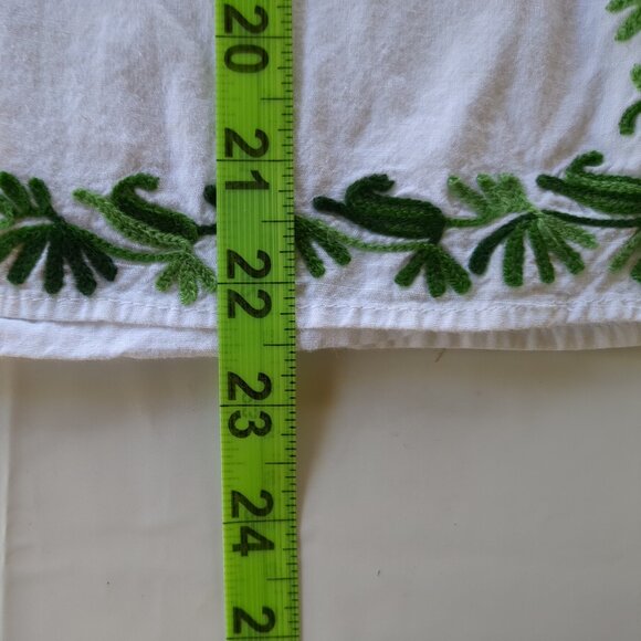 White With Green Embroidery Linen Top