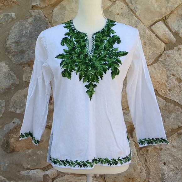 White With Green Embroidery Linen Top