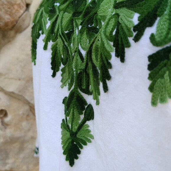 White With Green Embroidery Linen Top